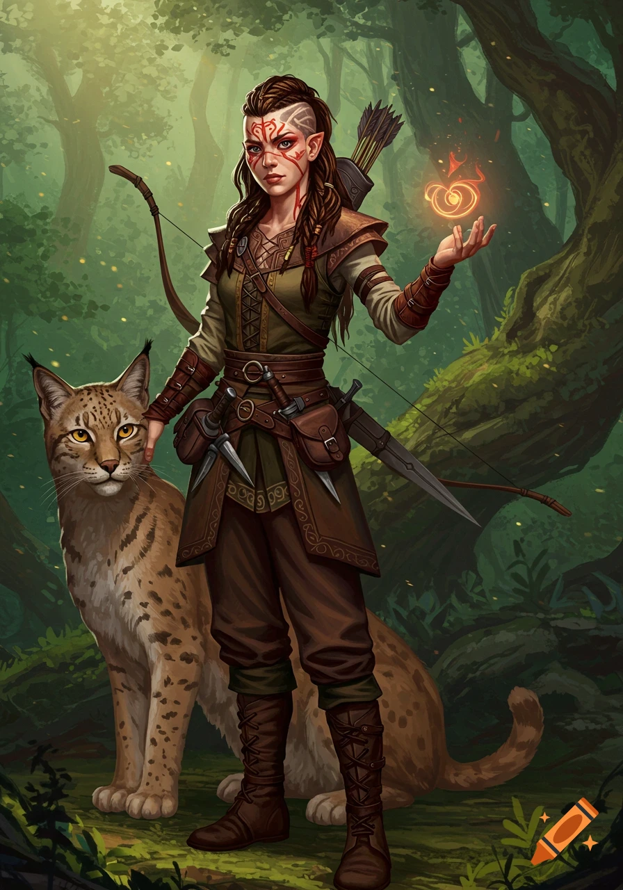 A fantasy ranger with red face paint, braided hair, and pointed ears stands in a forest with a lynx-like animal, holding a glowing orb.