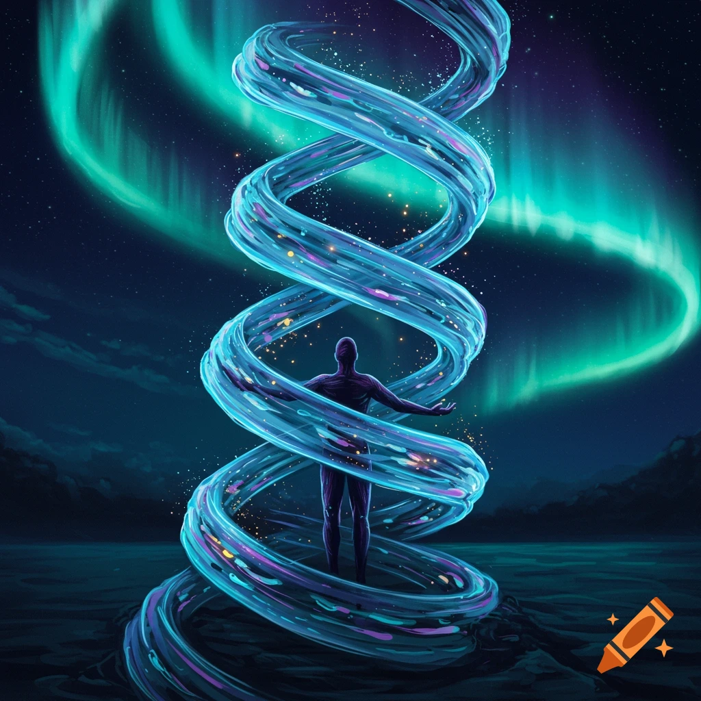 Stylized human figure engulfed by a vibrant blue-green helix against a cosmic sky with aurora borealis.