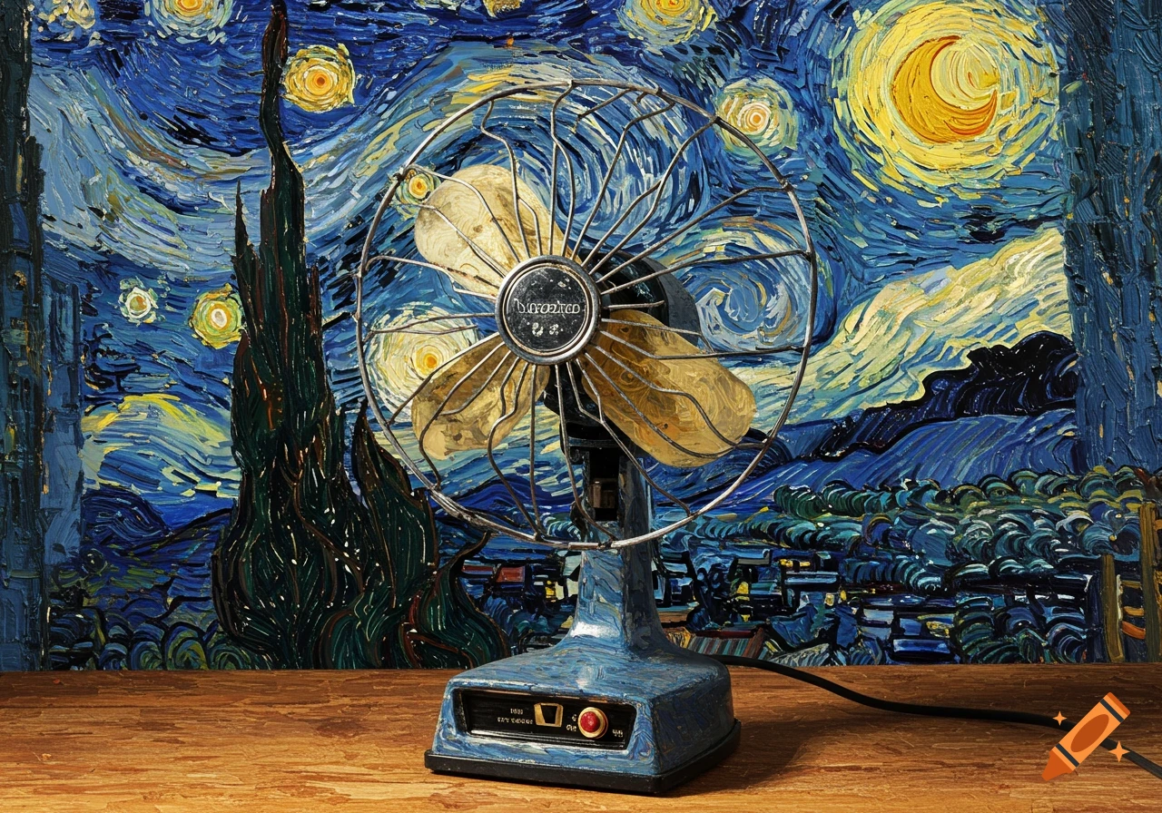 A vintage blue desk fan sits on a wooden surface in front of a background painted in the swirling, expressive style of Van Gogh's Starry Night.