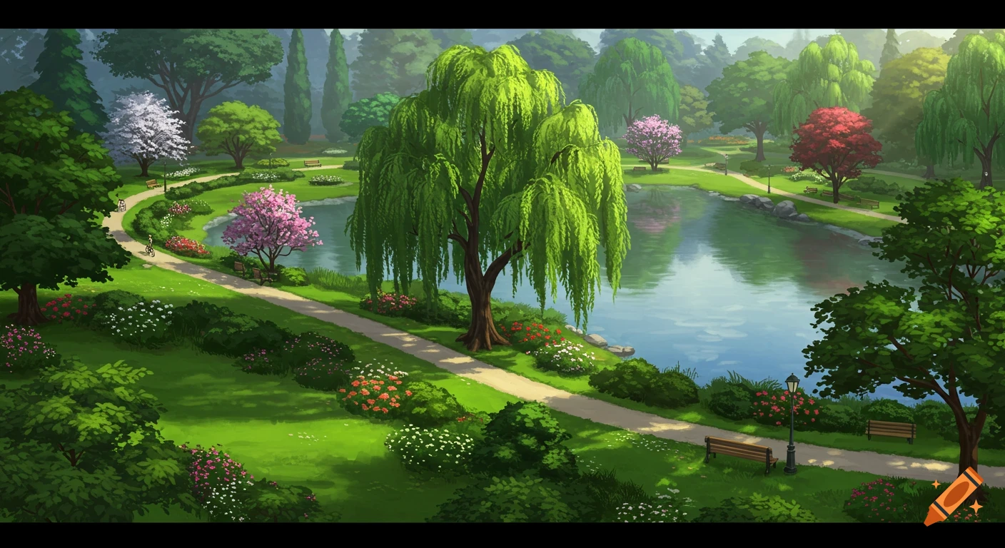 A vibrant illustration of a lush park with a winding path and a tranquil lake, surrounded by various green trees and colorful flowers.