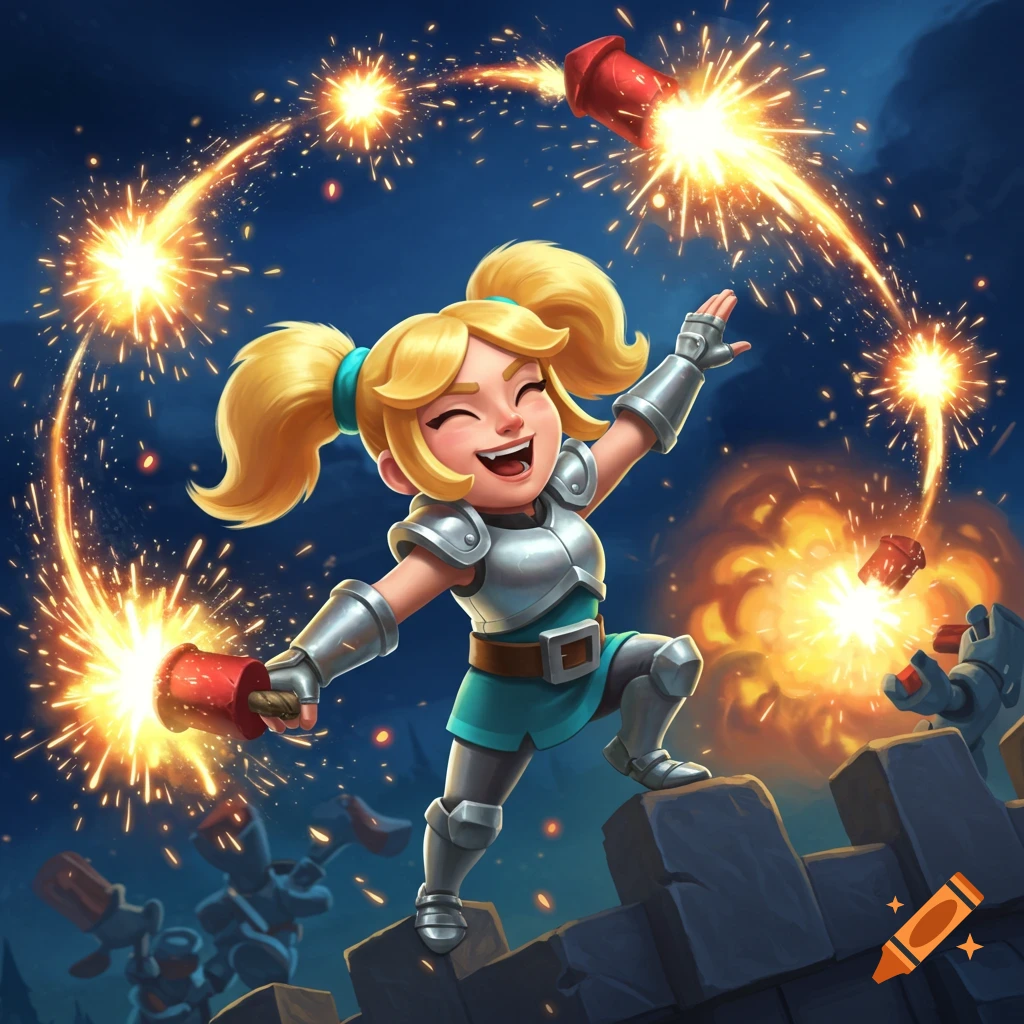 A cheerful cartoon knight girl in armor stands on castle walls, celebrating with bright firecrackers and sparks.