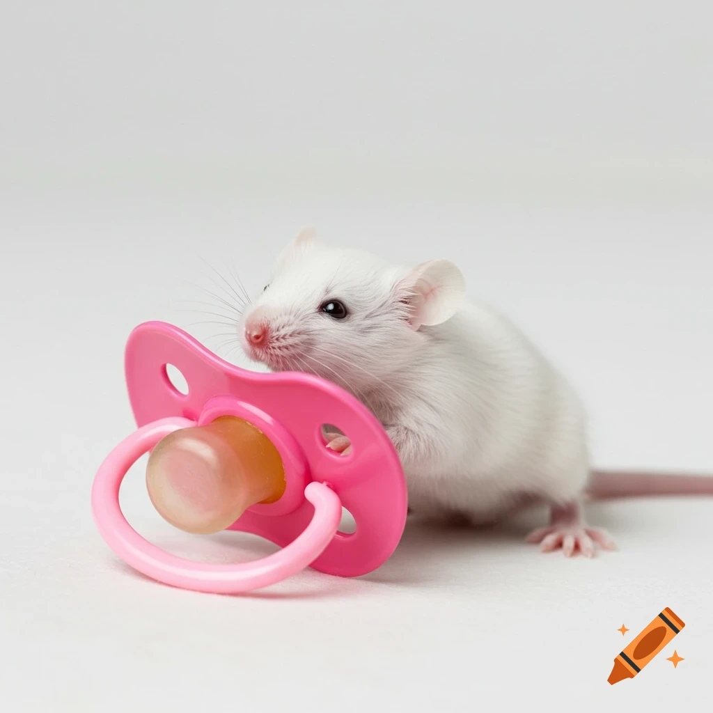 A tiny white mouse snuggles next to a bright pink pacifier on a clean white backdrop, photorealistic.