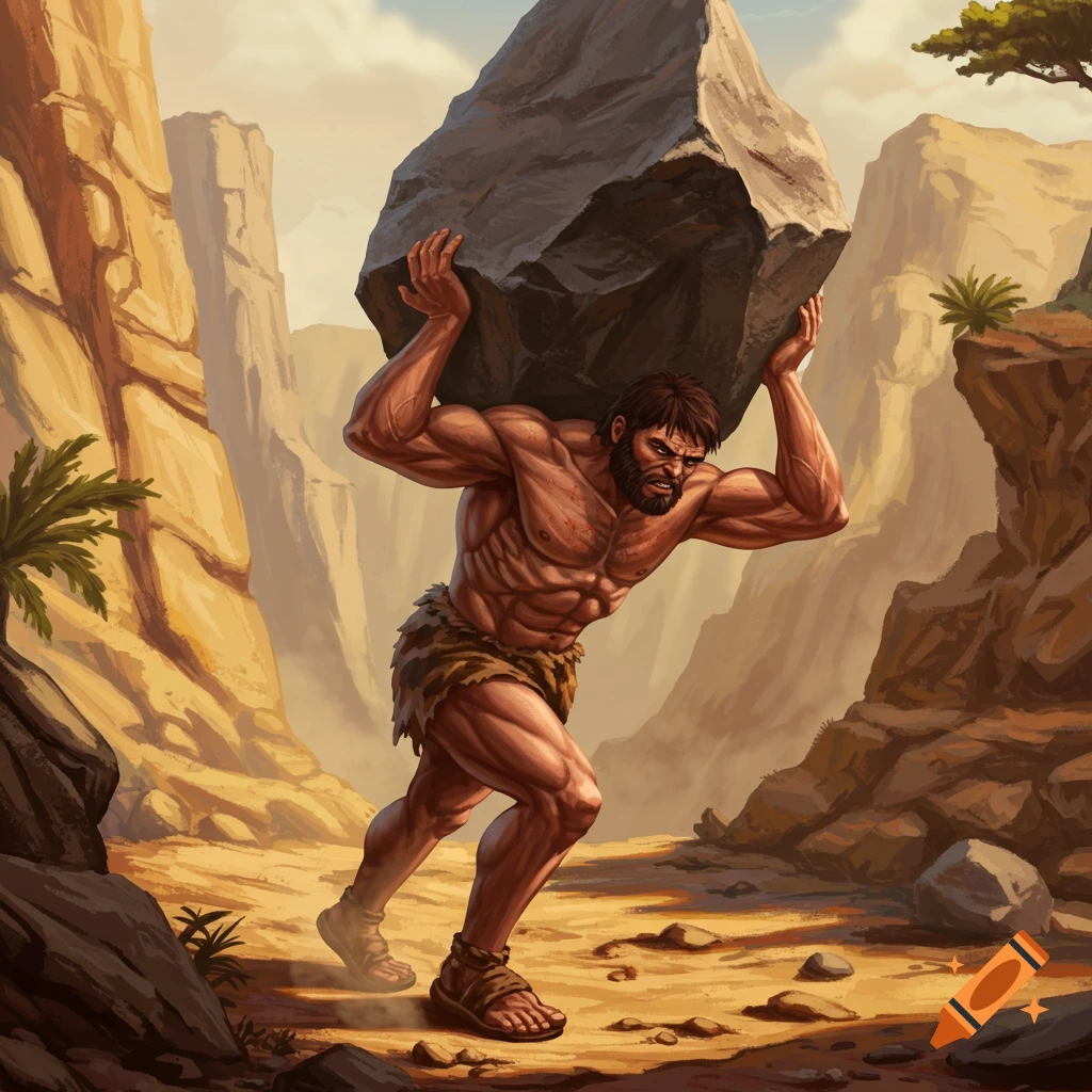 Muscular prehistoric man struggles to carry a large rock on his shoulders through a dusty, rocky canyon, detailed illustration.