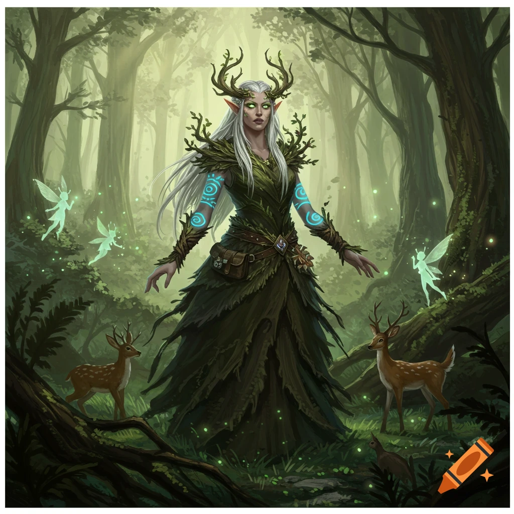 A white-haired elf druid with antlers and a leafy dress stands in a mystical forest with deer and glowing fairies, digital painting.