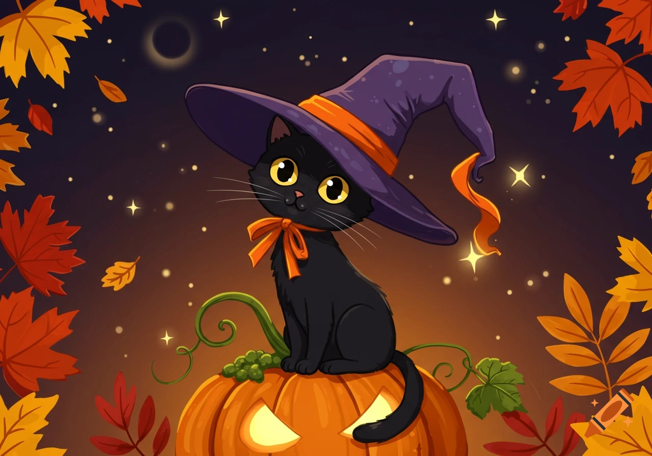 A cute black cartoon cat with big yellow eyes wears a purple witch hat, sitting on a glowing jack-o'-lantern amidst autumn leaves under a starry night sky.