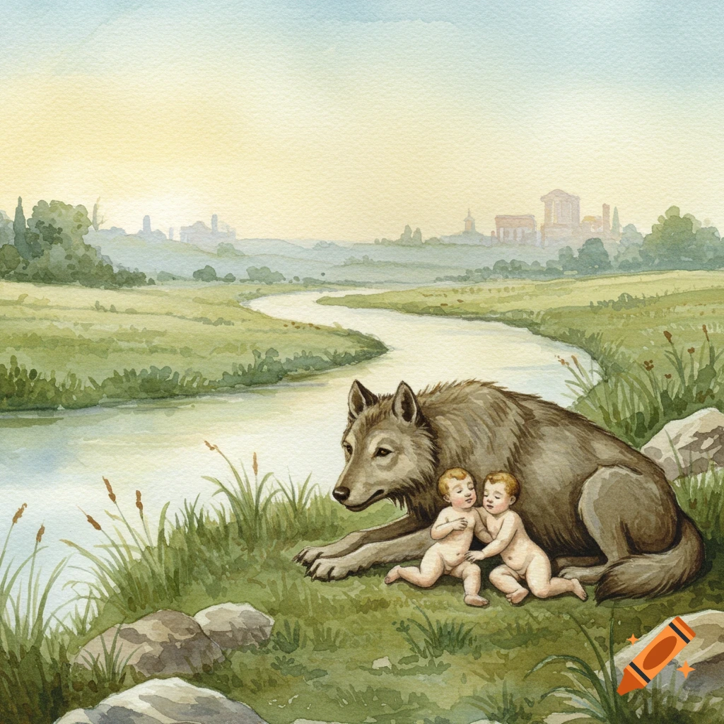 Watercolor illustration of a large wolf lying with two nude babies by a river in a grassy landscape with an ancient city in the distance.