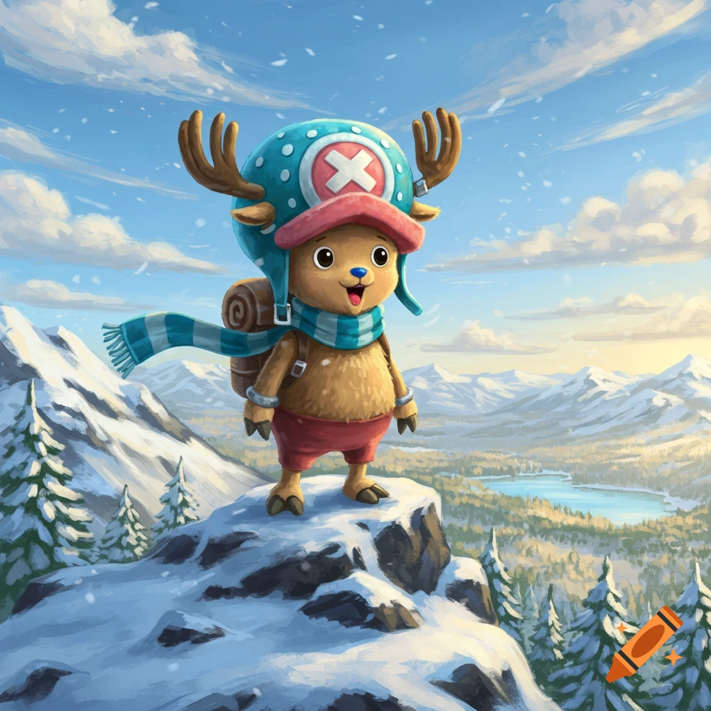Cartoon reindeer character Chopper stands on a snowy mountain peak, wearing a hat and scarf, with a scenic valley and lake below.