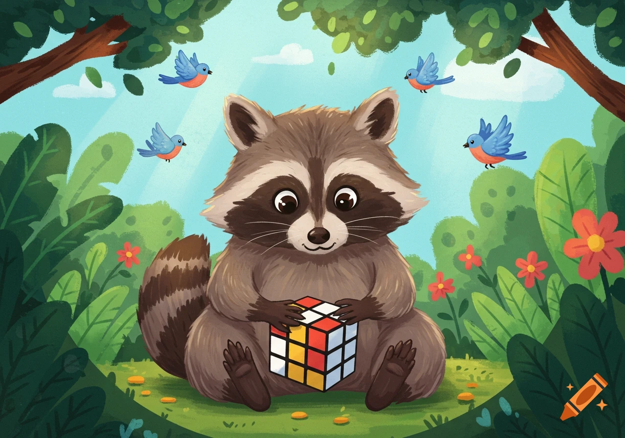 A cute cartoon raccoon holds a Rubik's cube in a lush green forest with blue birds and red flowers.