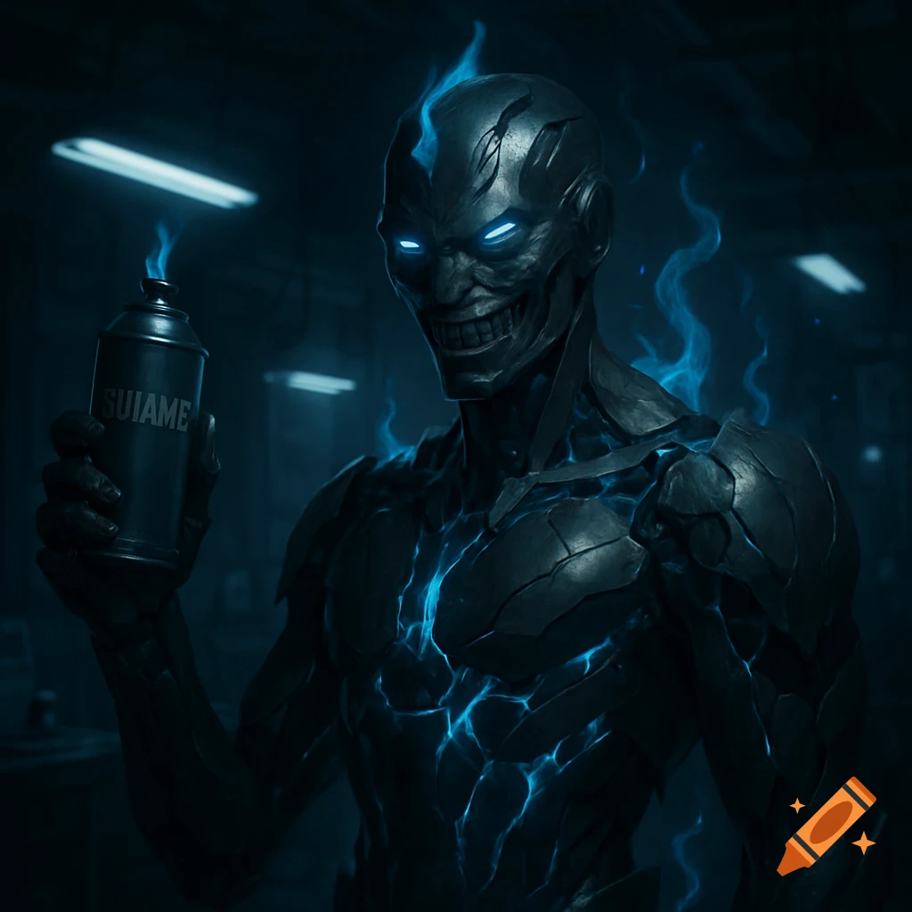 A sinister cyberpunk humanoid with glowing blue eyes and energy, holding a spray can in a dark, futuristic lab.