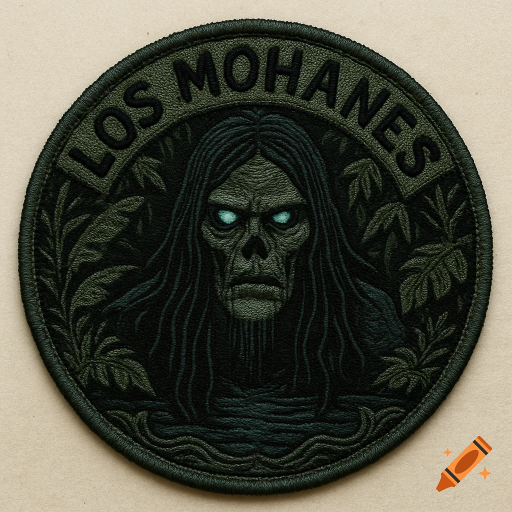 A circular embroidered patch featuring a ghostly, skeletal river spirit with glowing eyes, surrounded by jungle leaves, in dark green and black.