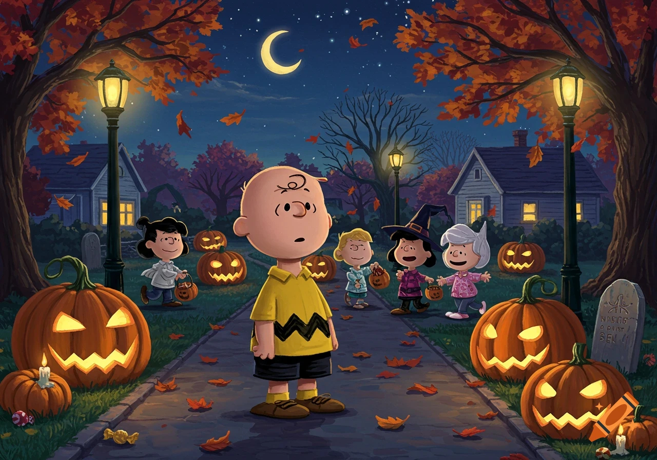 Charlie Brown and friends trick-or-treating on a moonlit Halloween night, surrounded by jack-o'-lanterns and autumn leaves.