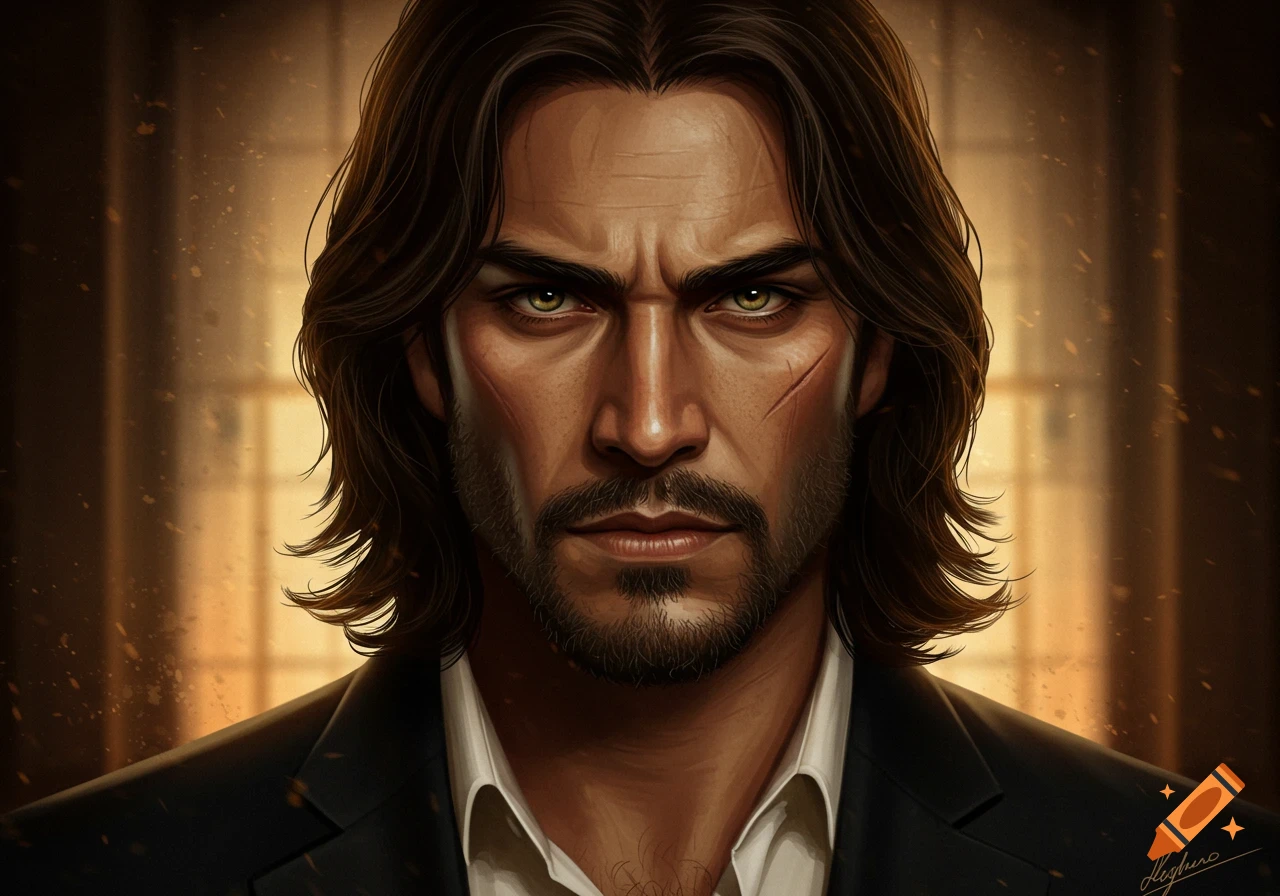 Digital art portrait of a stern man with long dark hair, a beard, and a scar, looking directly forward.