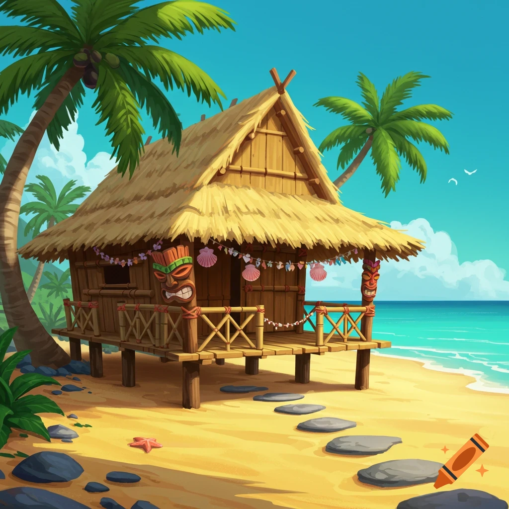 Cartoon tiki hut with palm trees on a sandy beach next to a turquoise ocean under a blue sky.