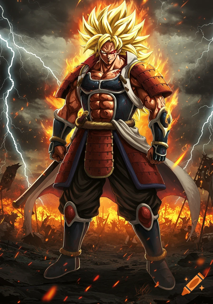 A muscular anime warrior with spiky blonde hair and samurai armor, surrounded by flames and lightning in a battle scene.