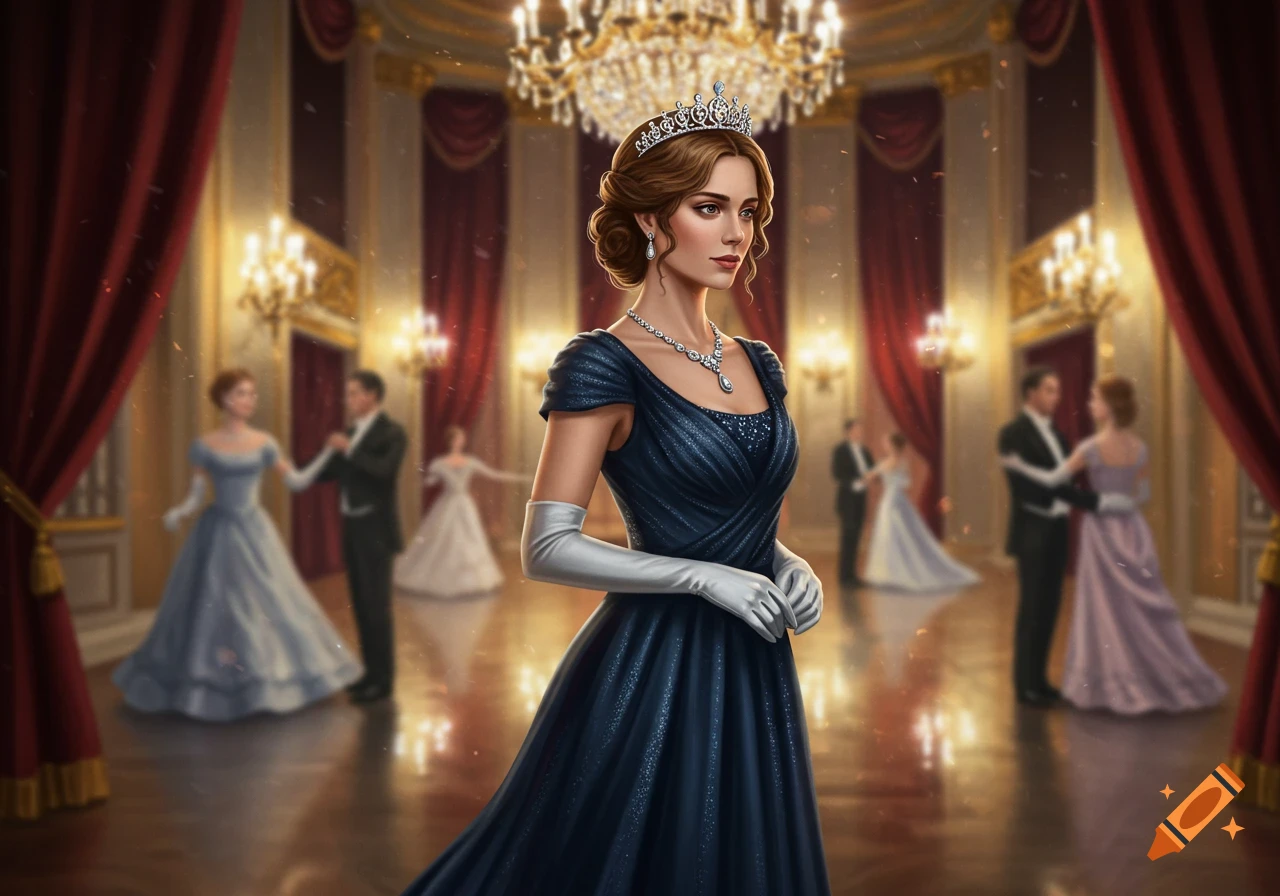 A woman in a dark blue ballgown, tiara, and diamond necklace stands in a grand ballroom, with dancers in the blurred background.