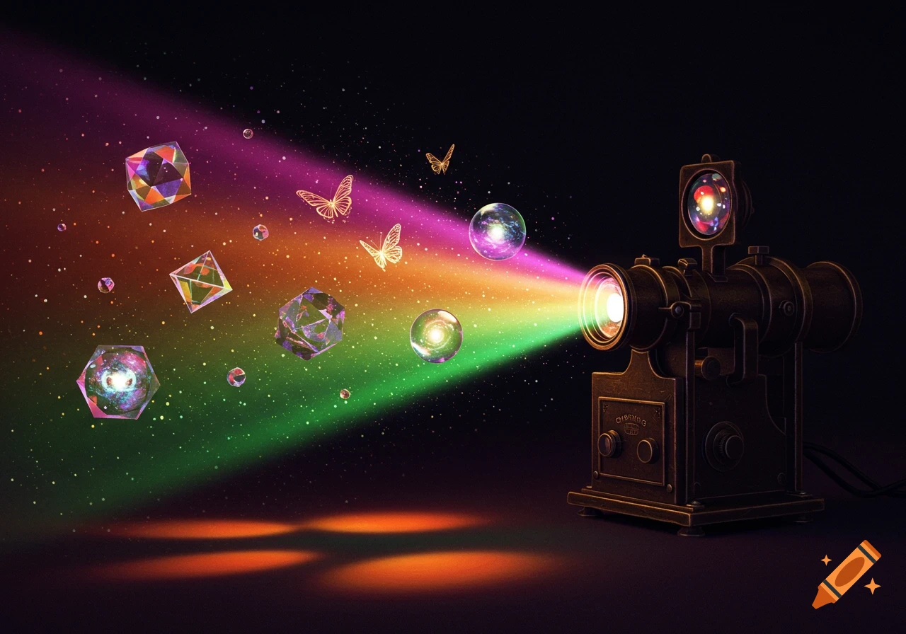 A vintage projector casts a rainbow light beam filled with glowing geometric shapes, bubbles, and butterflies against a dark, starry background.