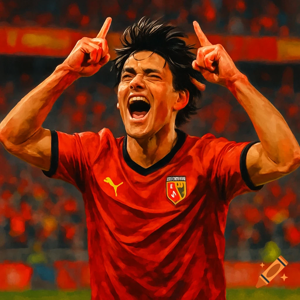 A male soccer player in a red jersey celebrates a goal with hands raised, pointing upwards. Painted style.