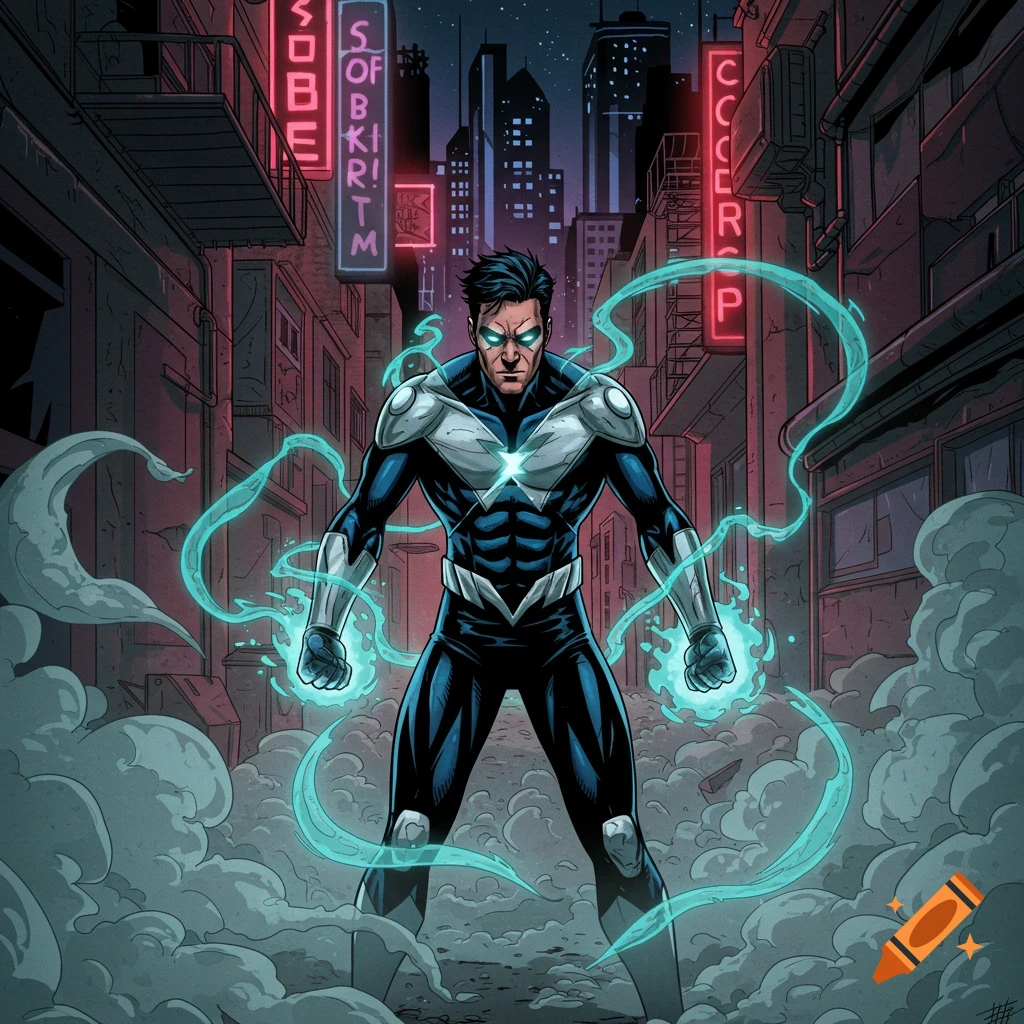 A comic book style superhero in a dark alley, with teal glowing energy around his hands, surrounded by neon signs and city buildings.
