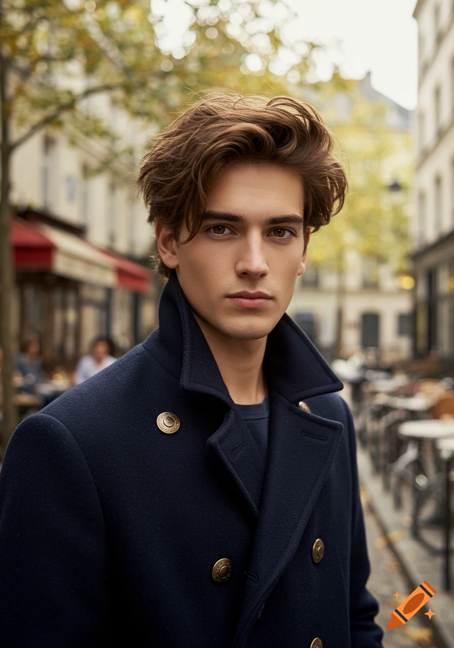 A young man with wavy brown hair wearing a navy peacoat stands on a city street with blurred autumn foliage.