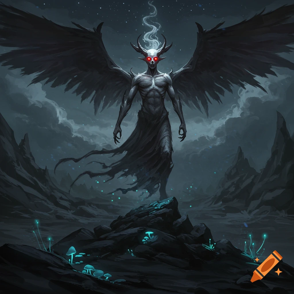A dark, winged daemon with glowing red eyes stands on a rock in a desolate, cloudy landscape with glowing mushrooms.