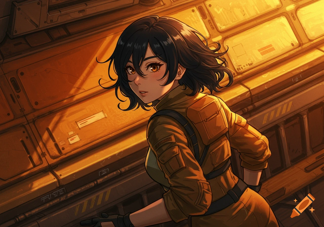Anime woman with short dark hair in a pilot suit climbing a sci-fi cargopit, looking back with a surprised expression in warm light.