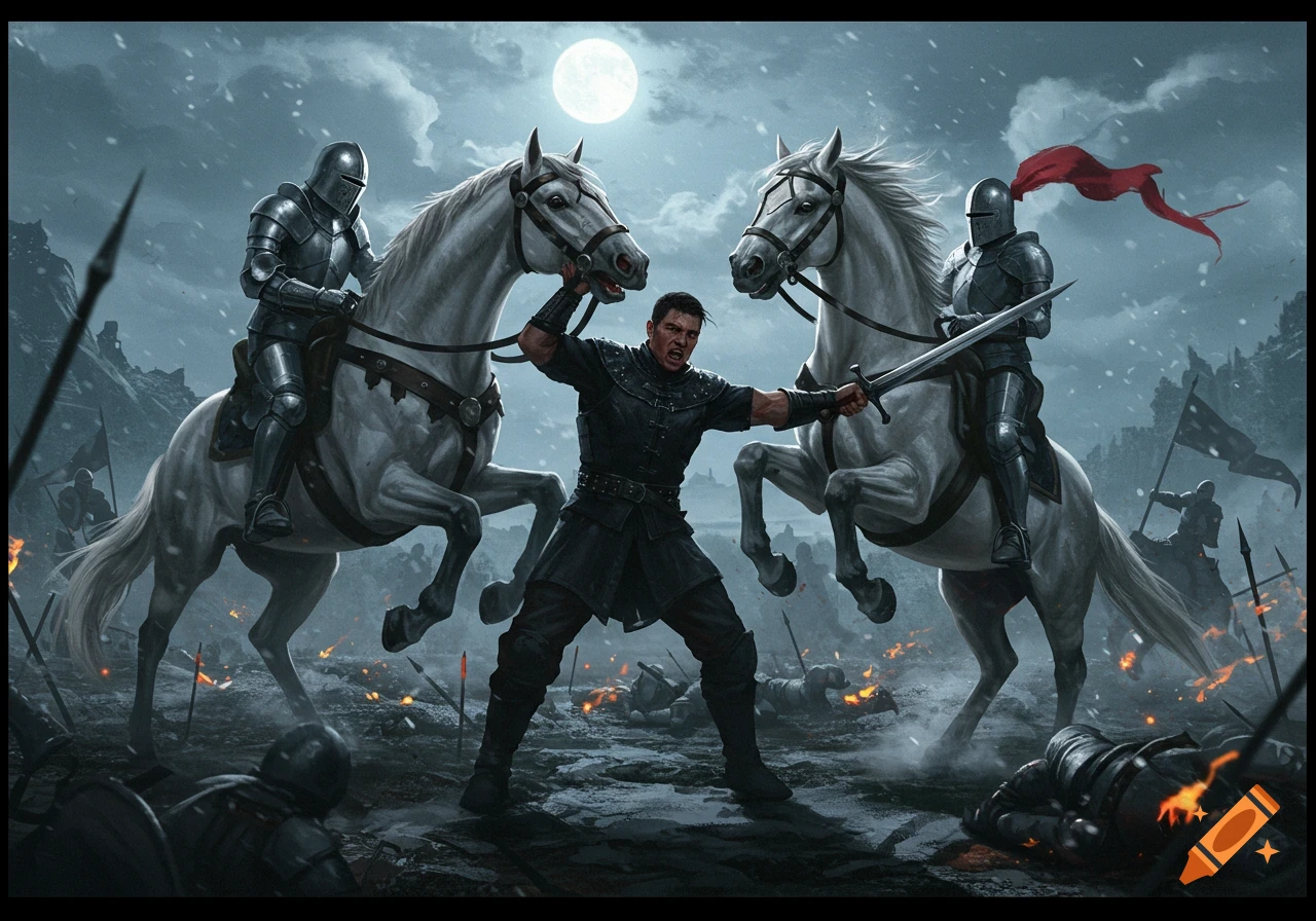 A medieval soldier in black clothing struggles to hold two rearing white horses while knights on horseback approach in a snowy battlefield under a full moon.