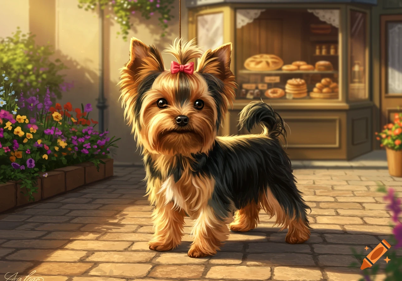 An illustrated Yorkshire Terrier stands on a sunny cobblestone path in front of a bakery and colorful flowers.