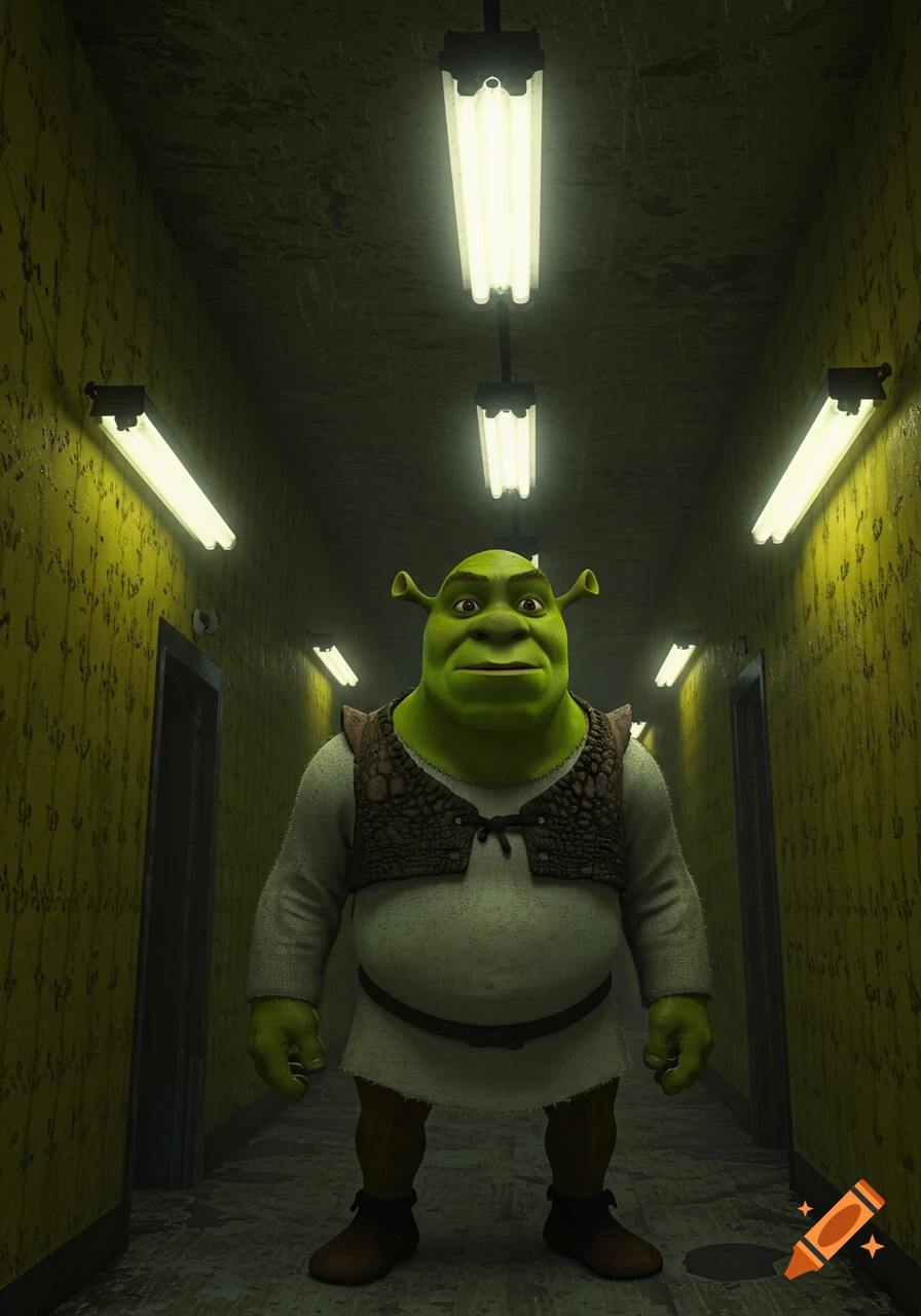 A 3D render of Shrek standing in a creepy, yellow Backrooms hallway with fluorescent lights.