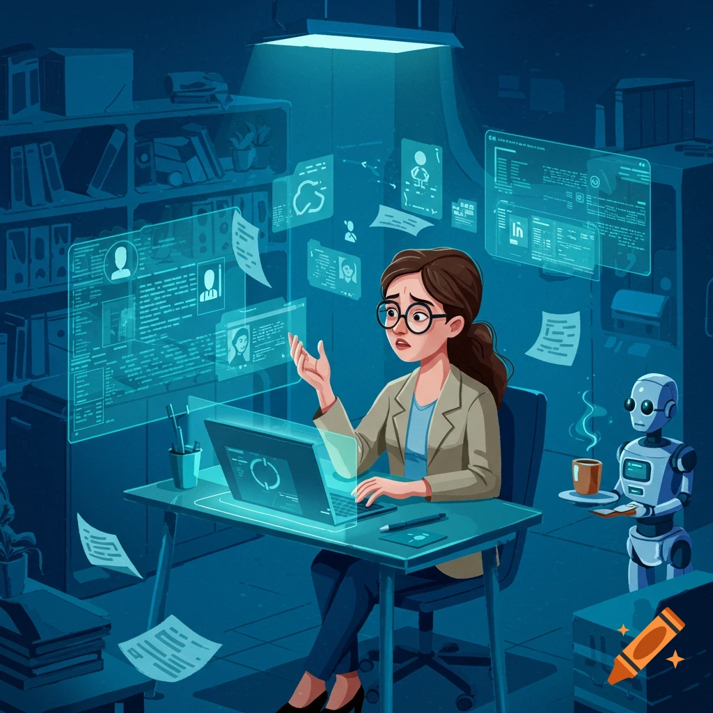 A woman works on a laptop amidst holographic data screens in a dark IT office, a robot serves coffee.