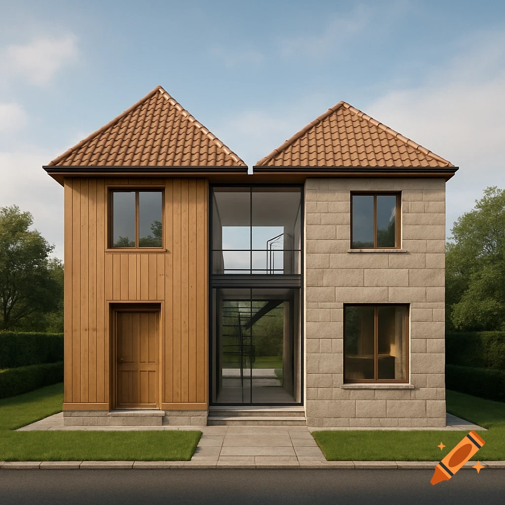 Photorealistic modern house with distinct wood, central glass, and stone sections, all unified under a continuous tiled roof, set on a green lawn.