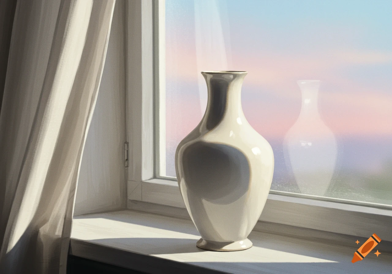 A white ceramic vase on a sunlit window sill next to a curtain, with a pastel sky outside, in an illustrated style.