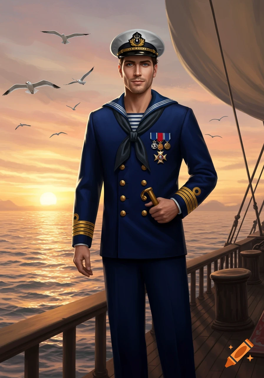 A handsome sailor in a blue uniform stands on a ship deck at sunset with seagulls flying around.