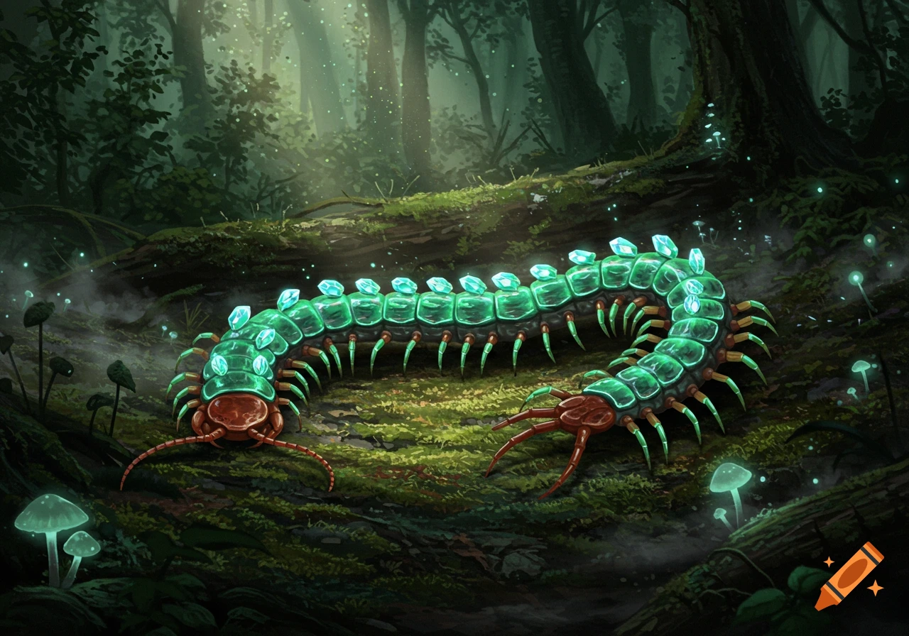 A bioluminescent green centipede with glowing crystal segments on its back crawls through a dark, magical forest with glowing mushrooms.