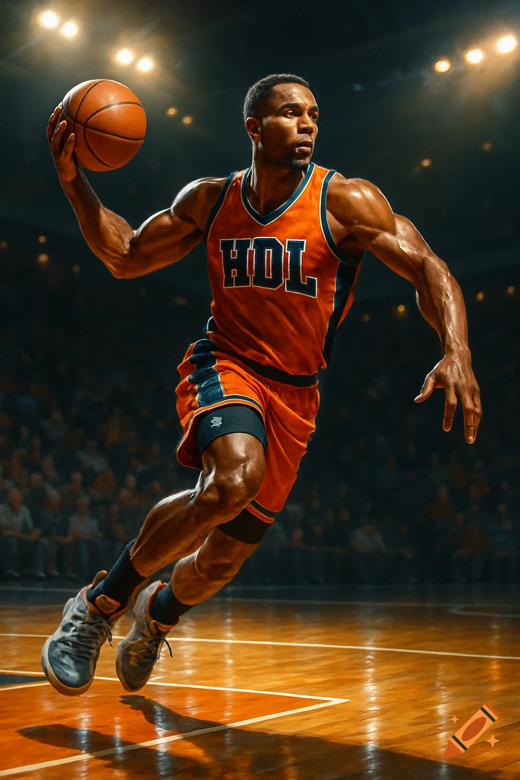 A muscular basketball player in an orange "HDL" jersey holds a ball mid-dribble on a court during a game.