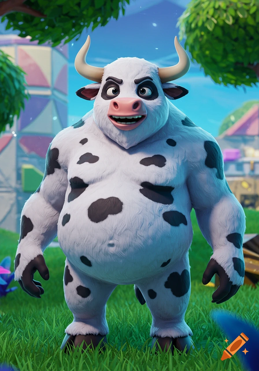 A fat, smiling, white humanoid bull with black spots and horns stands in a vibrant 3D stylized grassy outdoor setting.
