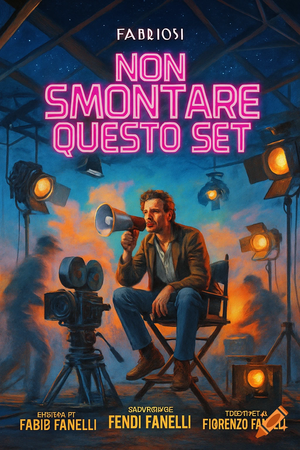 An 80s-style movie poster showing a man with a megaphone sitting on a director's chair on a film set, surrounded by bright studio lights and blurred crew members. The main title in neon pink reads "NON SMONTARE QUESTO SET".