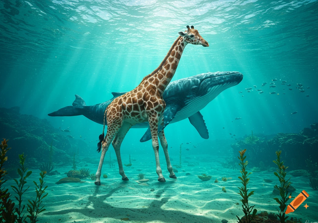 Photorealistic image of a giraffe-whale hybrid standing on the ocean floor with sunbeams filtering through the water.