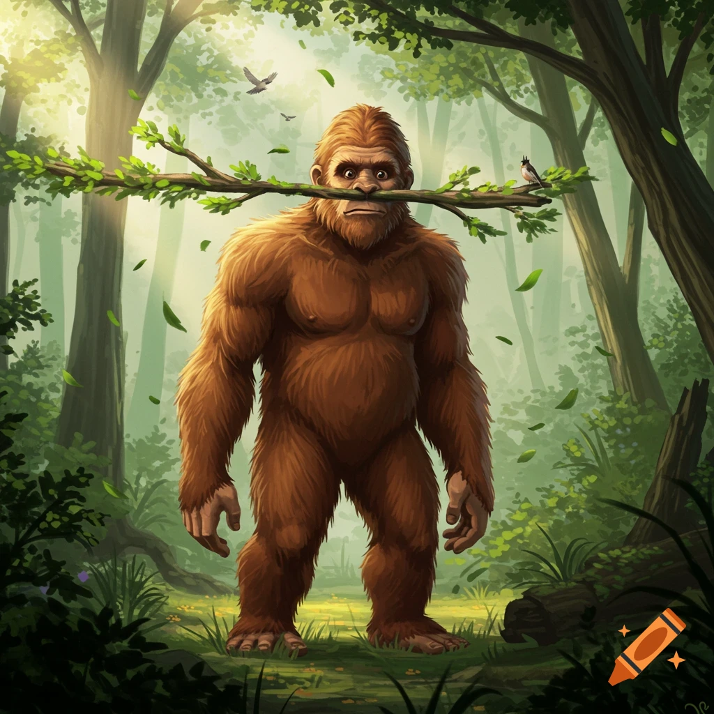 Cartoon Bigfoot in a green forest holds a stick in its nose, with birds flying and leaves falling.