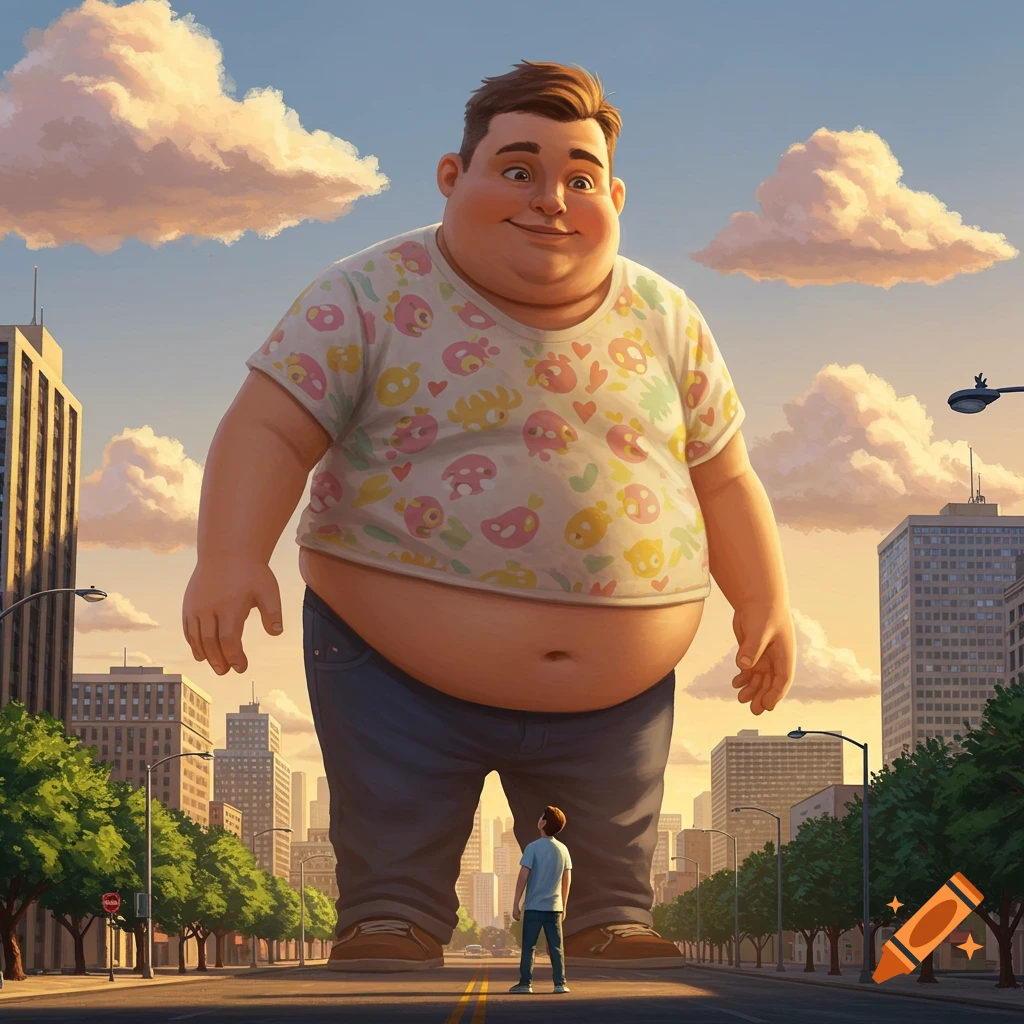 Cartoon illustration of a giant, smiling, fat man in a city street, looking at a smaller man.