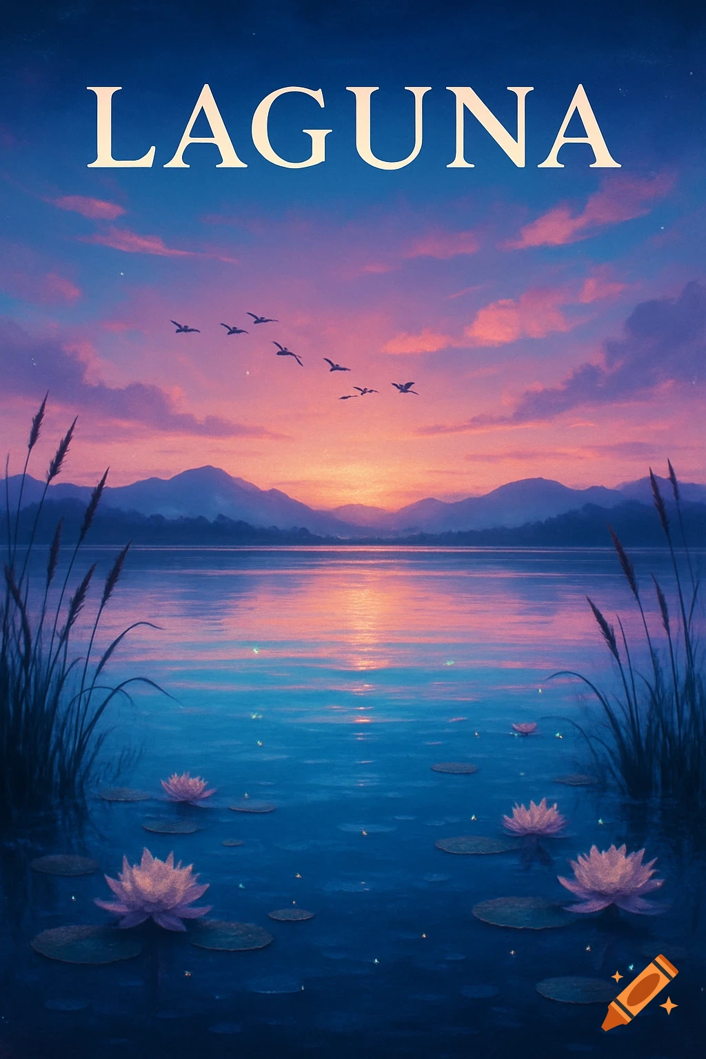 A vibrant sunset over a tranquil lake with mountains in the background, reeds, and water lilies. Birds fly in the colorful sky, with the word "LAGUNA" in white text above.