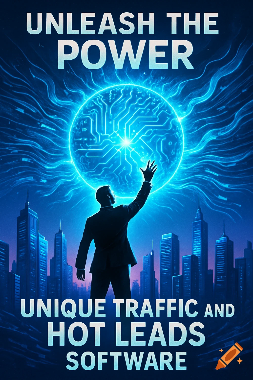 A businessman in a suit reaches towards a glowing blue orb with circuit patterns, set against a dark cityscape. Text reads "UNLEASH THE POWER" and "UNIQUE TRAFFIC AND HOT LEADS SOFTWARE".