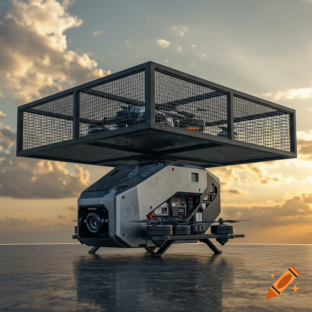 A futuristic drone with a large square mesh cage on top, sitting on a reflective surface under a cloudy sunset sky.