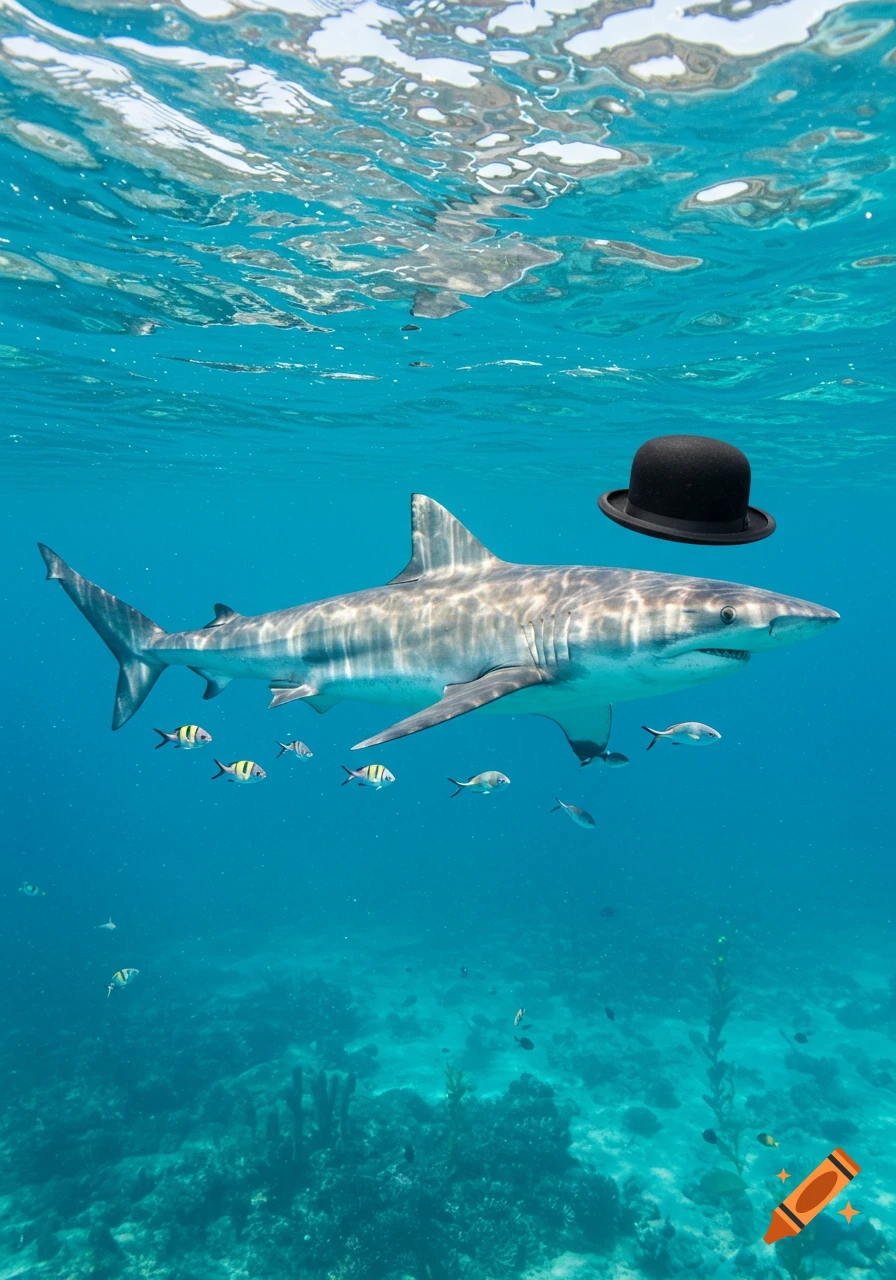 Photorealistic image of a great white shark swimming underwater with a black bowler hat floating above its head, surrounded by small fish and coral.
