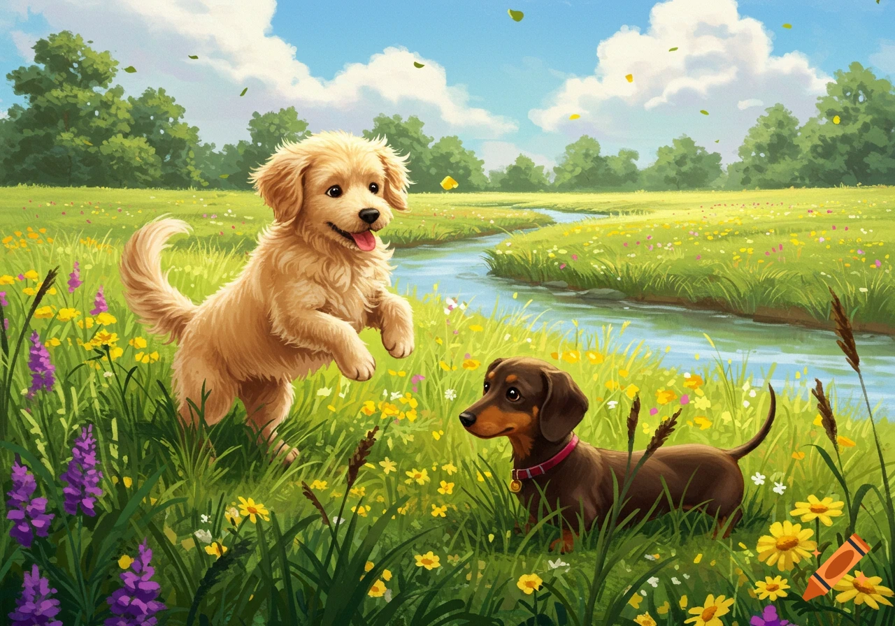 A golden retriever puppy standing on its hind legs playfully looks at a dachshund puppy in a vibrant, illustrated meadow with wildflowers and a stream.