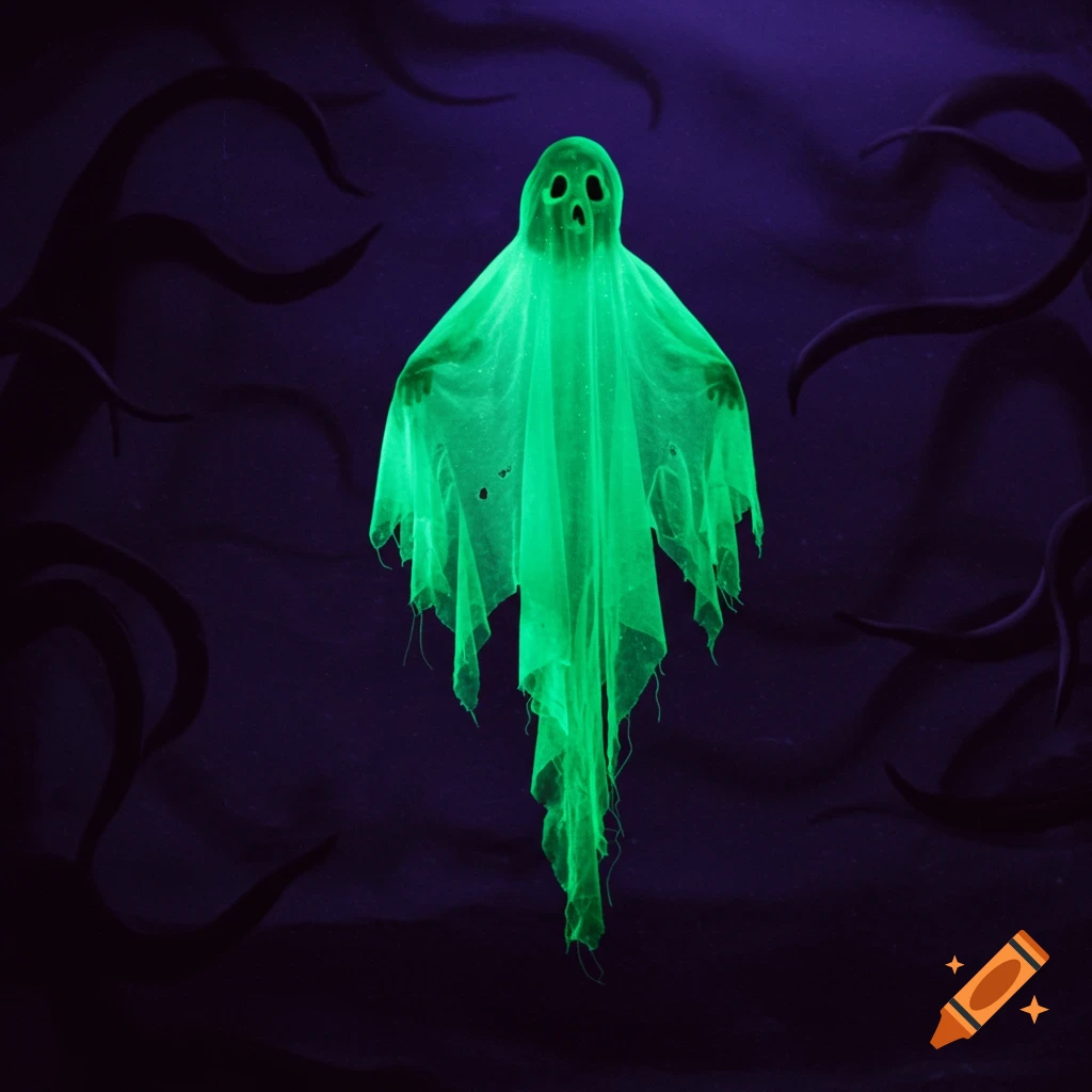 A glowing green ghost with tattered fabric against a dark purple background with shadowy, curved shapes.