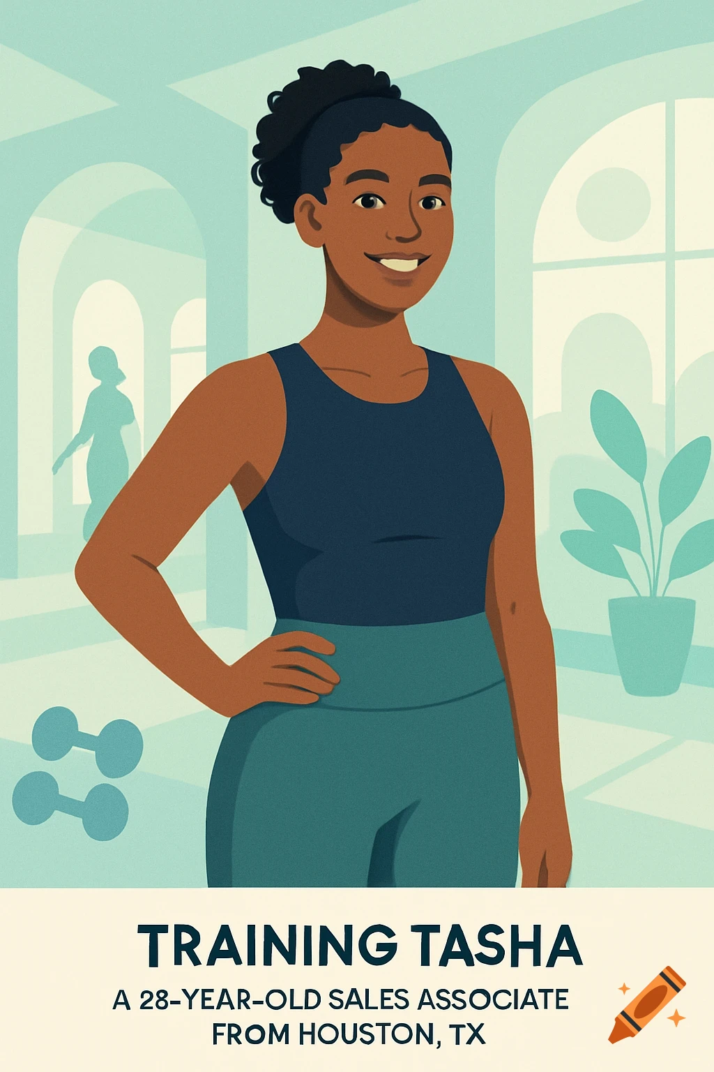 An illustration of a smiling Black woman in a blue tank top and teal leggings, standing in a gym with text 'Training Tasha'.