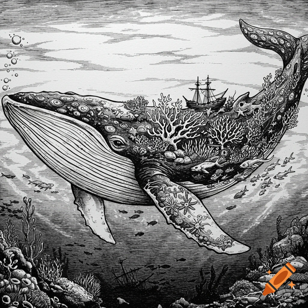 Black-and-white ink illustration of a mystical whale covered in coral, fish, and seaweed, with a shipwreck on its back, swimming in the deep ocean.