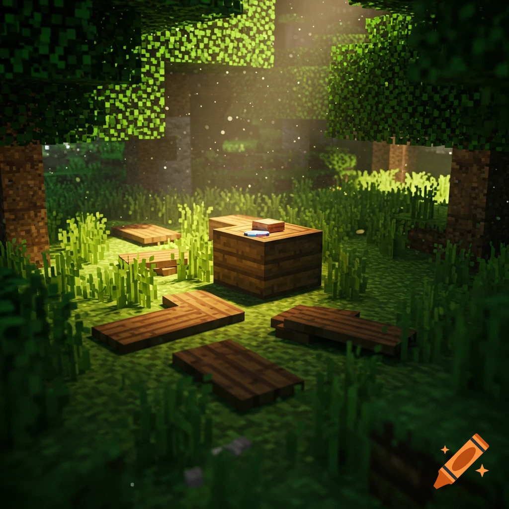 A cinematic Minecraft scene shows a crafting table on grassy ground in a sunlit forest, surrounded by wooden planks.