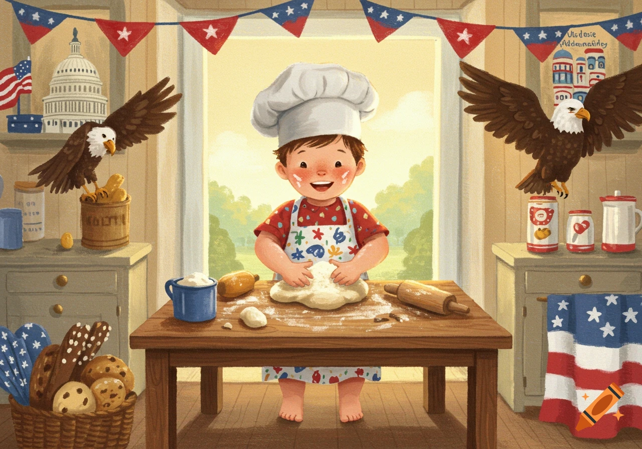 A smiling child in a chef's hat bakes, kneading dough on a table, surrounded by patriotic American flags, eagles, and the Capitol building in a children's book illustration.
