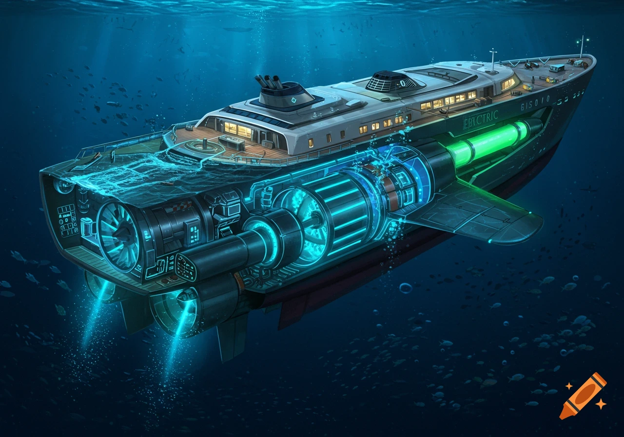 Detailed illustration of an electric cruise ship's cross-section underwater, showing glowing blue and green propulsion systems.